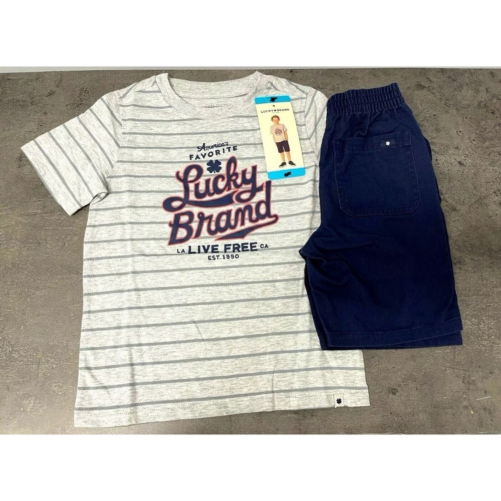 Boys Size 5 Adorable Lucky Brand 2-Piece Short Set Summer Outfit Gray‎ & Blue